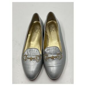 Joan & David Vintage 1980s Silver Leather Loafers Gold Embroidery 8.5